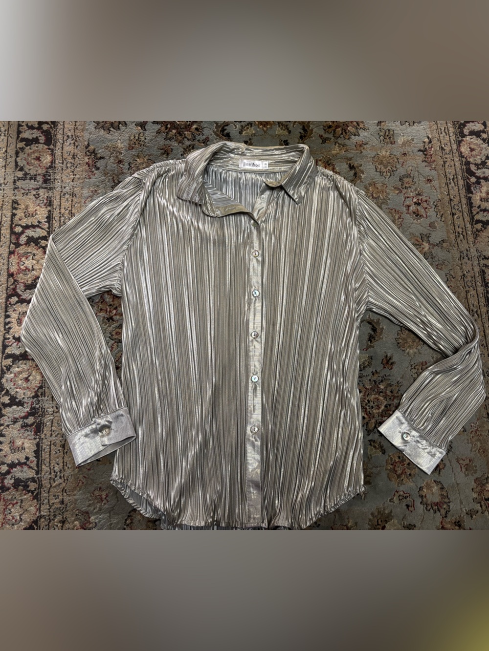 RoomMates Shimmery Silver Pleated Button Front Top